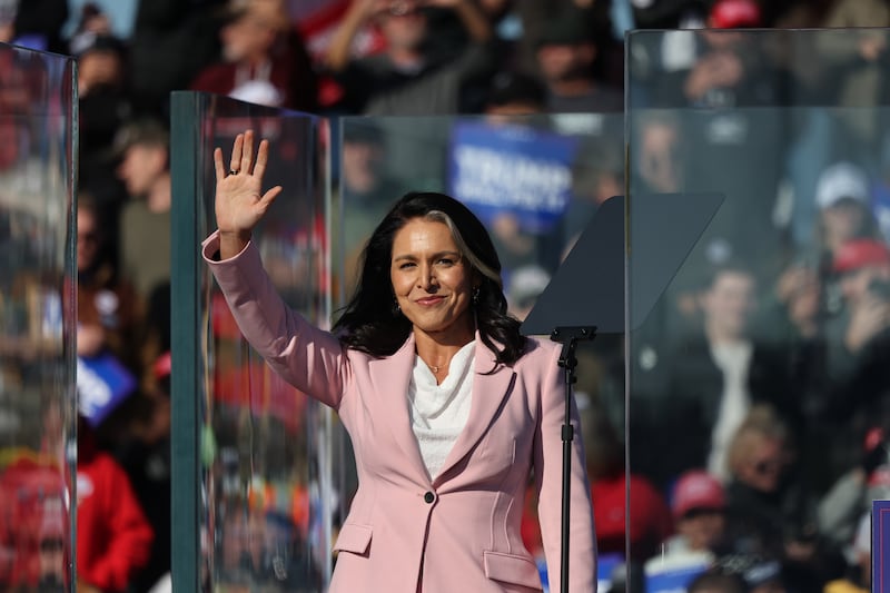 Former Rep. Tulsi Gabbard (R-HI) takes the stage during a Republican presidential nominee, former U.S. President Donald Trump campaign rally at Lancaster Airport on November 03, 2024 in Lititz, Pennsylvania.