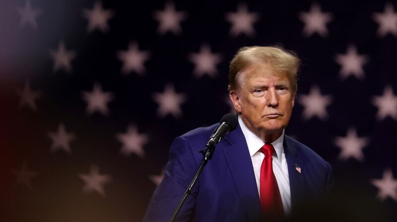 Donald Trump delivers remarks during a campaign rally at the Reno-Sparks Convention Center on December 17, 2023 in Reno, Nevada.