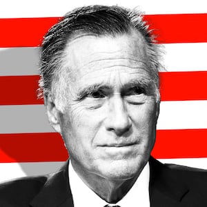 Photo illustration of Senator Mitt Romney (R-UT) on a red and white stripe background.