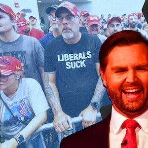 Photo illustration of JD Vance surrounded by MAGA supporters