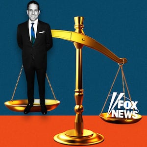 An illustration including photos of Hunter Biden, the Fox News logo, and a justice scale