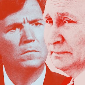 Photo illustration of Tucker Carlson, Vladimir Putin, and Alexi Navalny