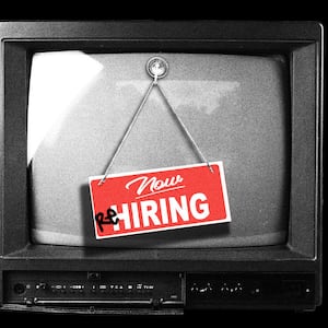 Photo illustration of an old tv with a “now hiring” sign altered to read “rehiring” hanging.