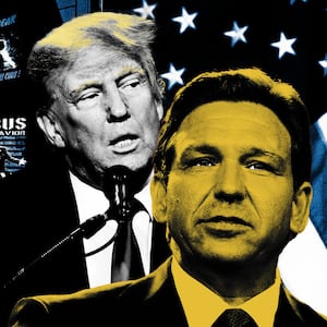 An illustration that includes images of Trump, Ron DeSantis, Donald Trump Merchandise, the American Flag, Merchandise from the Moms for Liberty Conference.