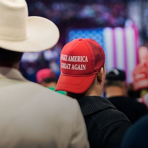 A photograph of a MAGA hat worn by President Donald Trip supporters at a rally in Houston, Monday, Oct. 22, 2018.