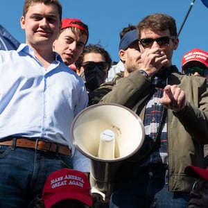 Nick Fuentes, the leader of a Christian based extremist white nationalist group speaks to his followers, 'the Groypers.' in Washington D.C. on November 14, 2020