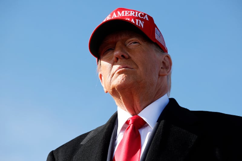 Donald Trump arrives at a campaign rally at Lancaster Airport in Lititz, Pennsylvania on November 3, 2024.