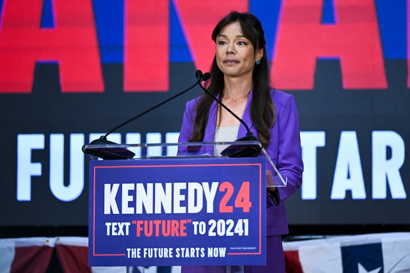 Nicole Shanahan speaks after Robert F. Kennedy Jr. announced her as his running mate for vice president during an event in Oakland, California, on March 26, 2024.