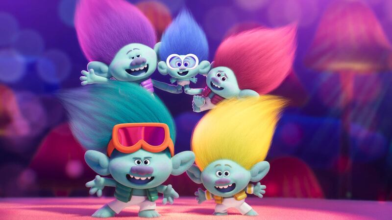 Trolls in a pyramid in a still from ‘Trolls Band Together’