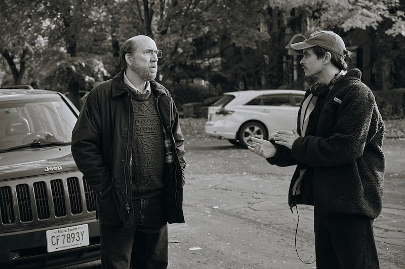 Nicolas Cage and Kristoffer Borgli on the set of Dream Scenario.