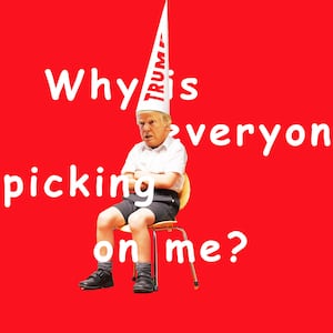 A photo illustration of Donald Trump as a sad child with the words "why is everyone picking on me?" overlayed.