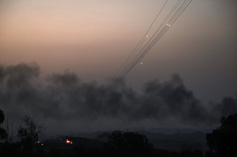 A picture taken from Israel's southern city of Sderot shows rockets fired from Gaza towards Israel on October 28, 2023, amid ongoing battles between Israel and the Palestinian group Hamas.