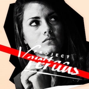 A photo illustration showing Hannah Giles, the CEO of Project Veritas, behind a fractured Project Veritas logo.