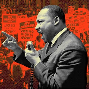 A photo illustration of Martin Luther King Jr. speaking and a civil rights march in Washington, DC.