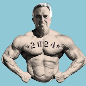 A photo illustration composite of Robert F. Kennedy, Jr. as a buff, shirtless man flexing his muscles with a 2024 tattoo.