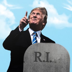 A photo illustration showing Donald Trump in front of a tombstone with R.I.P. fading away while pointing upwards.