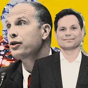 Photo illustration of Michael Ian Black and David Grusch