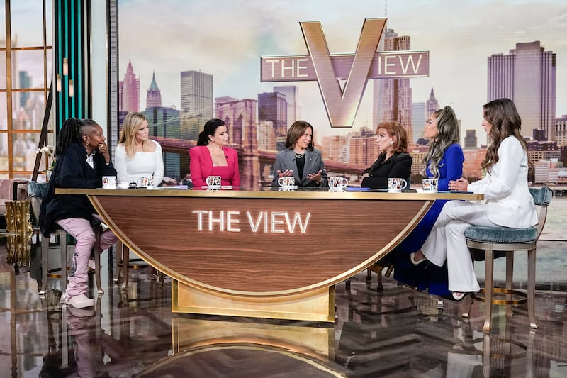 Whoopi Goldberg, Sara Haines, Ana Navarro, Vice President Kamala Harris, Joy Behar, Sunny Hostin, and Alyssa Farah Griffin.