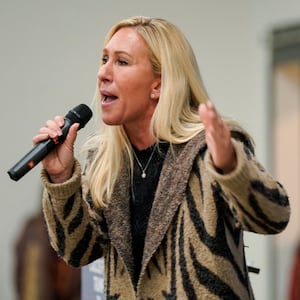 U.S. Representative Marjorie Taylor Greene (R-GA) speaks during a campaign event for former U.S. President Donald Trump, in Keokuk, Iowa