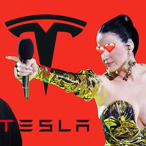 An illustration including photos of Elon Musk, Katy Perry, and the Tesla logo