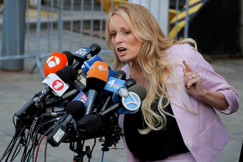 Adult-film actress Stephanie Clifford, also known as Stormy Daniels, speaks as she departs federal court in Manhattan.