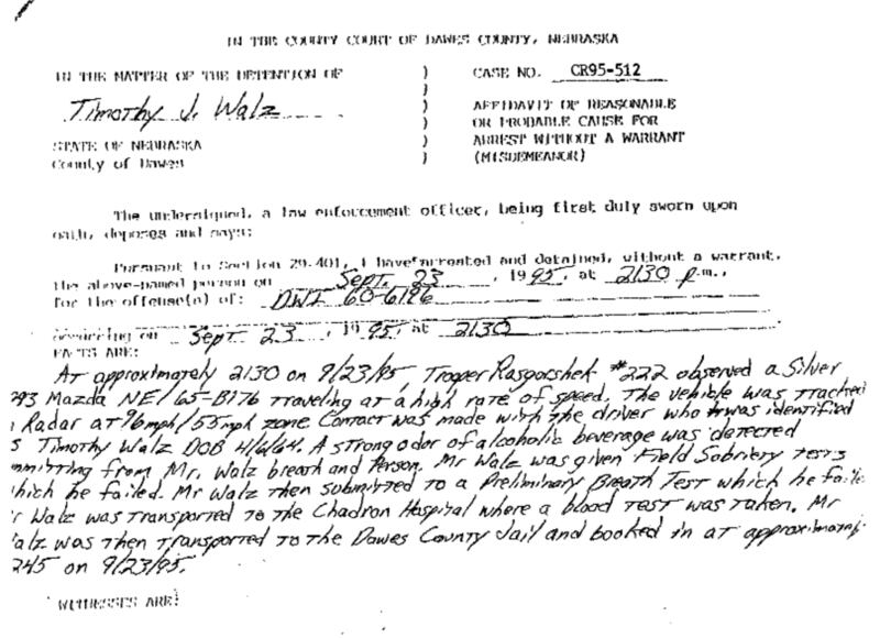 Police report for Tim Walz’ 1995 DUI arrest.