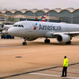 An American Airlines Airbus A320-214 taxis at Ronald Reagan National Airport in Arlington, Virginia.