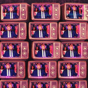 A photo illustration of television sets with former President Donald Trump on.