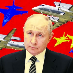 A photo illustration of President Putin, F16 fighter jets, and Swedish ASC 890 aircraft.