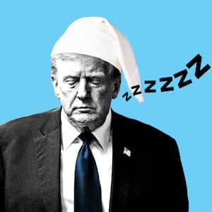 A photo illustration of Donald Trump wearing a nightcap and snoring