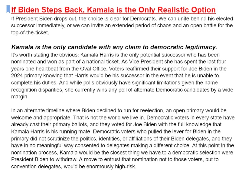 Screengrab of the “The case for Kamala” Google Document