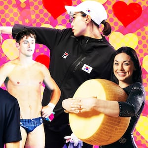 A photo illustration of Olympians Tom Daley, Giorgia Villa, Kim Yeji, and Stephen Nedoroscik.