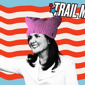 Photo illustration of Nikki Haley wearing a pink pussy hat on a red and white stripe background.