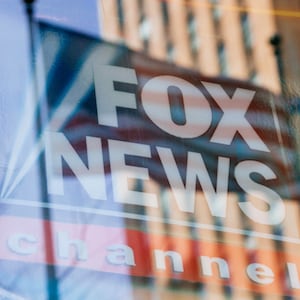 An image of the Fox News logo at its New York headquarters. The network just announced its lineup reshuffle following Tucker Carlson’s firing.