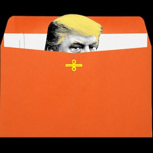 An illustration including a photo of former U.S. President Donald Trump and a manilla envelope