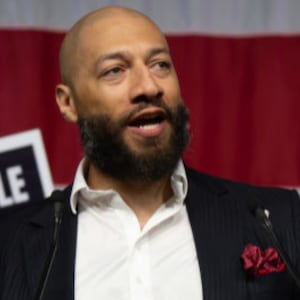 Side-by-side photos of Royce White speaking on stage and a map of water fountains in Minneapolis.