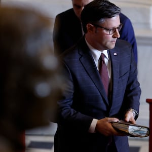 U.S. Speaker of the House Mike Johnson (R-LA) holding a Bible