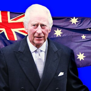 A photo illustration of King Charles and the flag of Australia. 