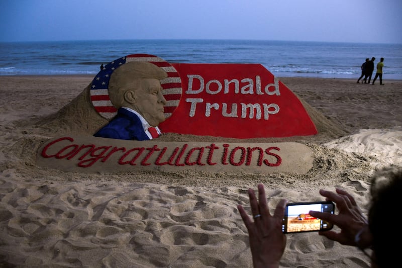 A view of a sand sculpture depicting Republican Donald Trump after he won the U.S. presidential election, at Puri beach, in the Eastern State of Odisha, India, Nov. 6, 2024.