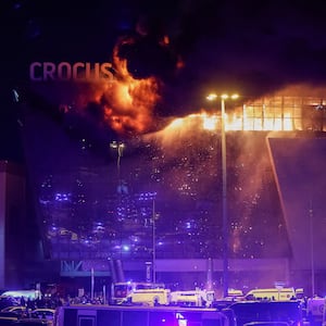 Crocus City Hall near Moscow in the aftermath of a deadly attack.