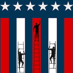 A photo illustration of people on ladders climbing up an American flag.