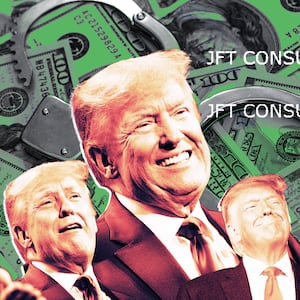 A photo composite of pictures of former President Donald Trump on a background of money and handcuffs.