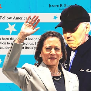 Photo illustration of Kamala Harris and Joe Biden on top of his resignation from the ticket letter