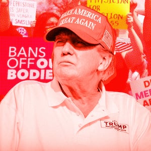 A photo illustration of former President Donald Trump and an abortion protest background.