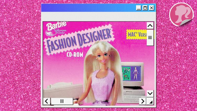 An illustration including photos of Barbie iconography, Glitter and Barbie Logo.