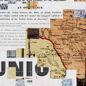 A photo illustration showing the South Carolina 1860 Succession Newspaper Announcement, a map of Texas from 1861 and photographs of concertina wire at the Texas border today.