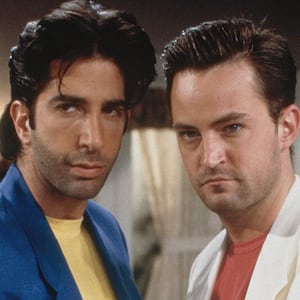 David Schwimmer as Ross Geller and Matthew Perry as Chandler Bing on "Friends"