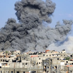 Smoke billows during an Israeli air strike in Rafah in the southern Gaza Strip on October 11, 2023. Israel declared war on Hamas on October 8 following a shock land, air and sea assault by the Gaza-based Islamists.