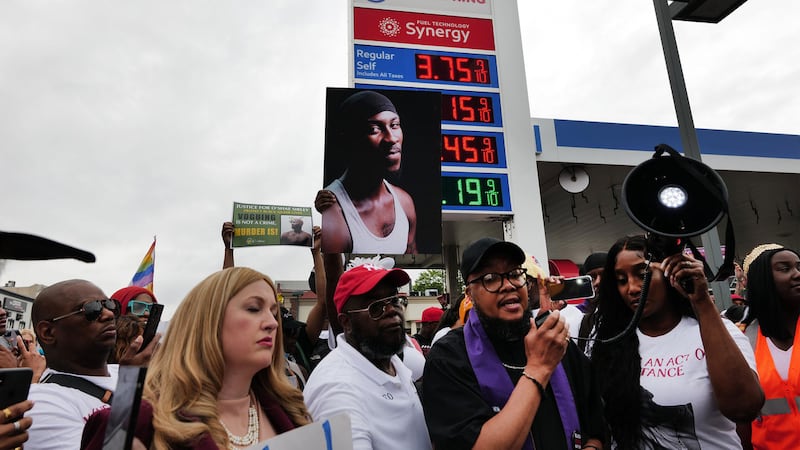 People gather at a memorial for O’Shae Sibley on August 04, 2023 in New York City. 