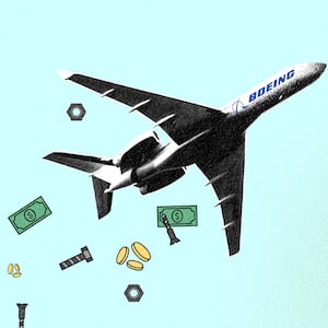 A photo illustration of a plane with the Boeing logo flying away while leaving a trail of nuts, bolts, and money behind